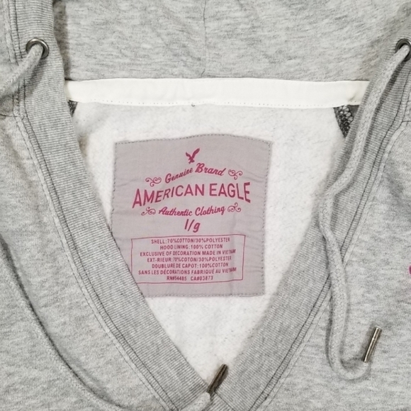 American Eagle Ladies Hoodie Size L Grey V-Neck Embroidered Spell-out - Picture 3 of 4